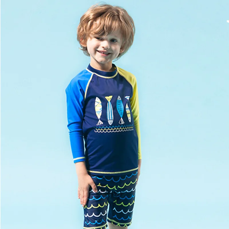 Boys Two Piece Swimsuit Navy Sports Long Sleeve Swimming Suit Kid Boy Swimwear Bathing Suit Fish Print Swimsuits
