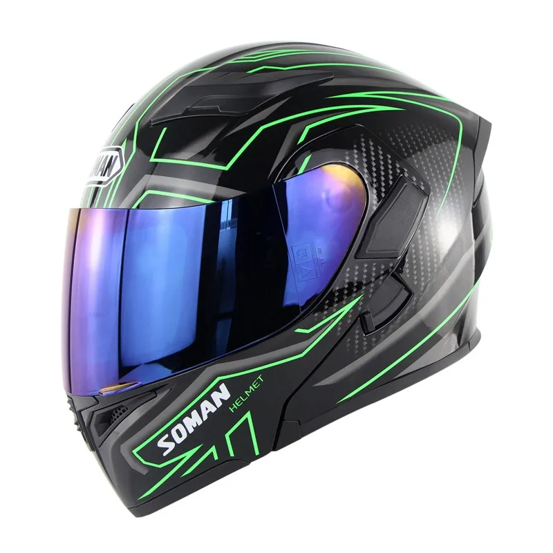 Высокое качество Soman 955 с двойными линзами мотоциклетный шлем откидной модульный уличный Мотоциклетный Шлем КАСКО цветной козырек - Цвет: Blue Lens