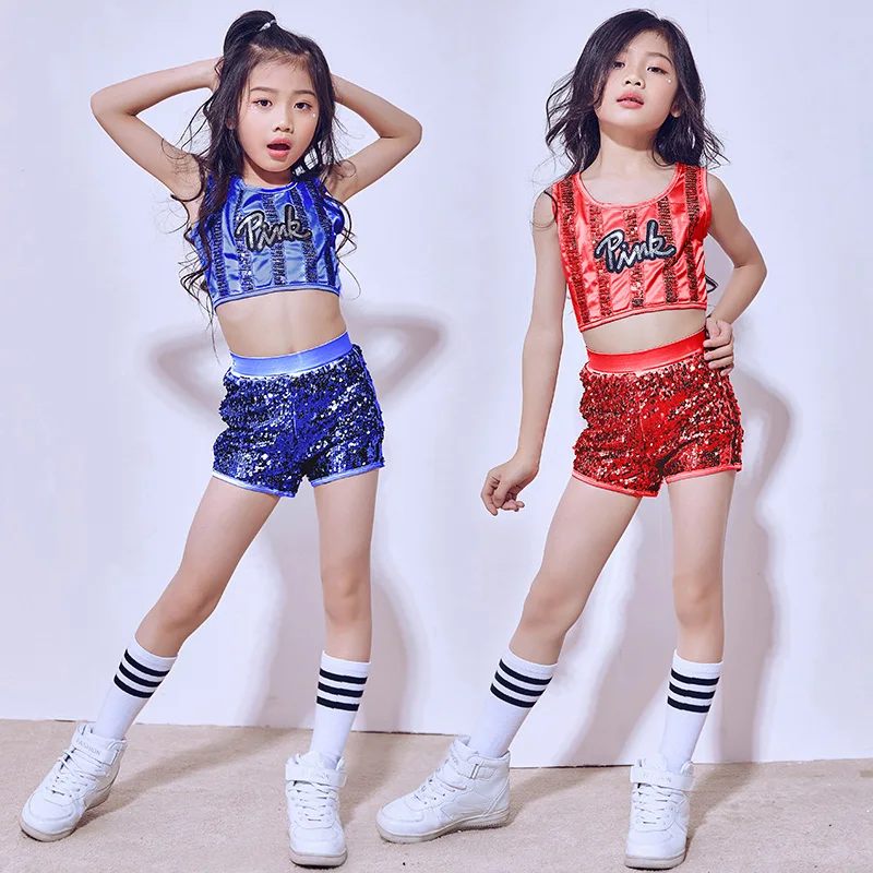 Танцевальные костюмы для девушек в стиле хип-хоп, детская Праздничная Розовая Майка с пайетками, шорты, детские костюмы в стиле джаз, Уличная Одежда для танцев DN1778