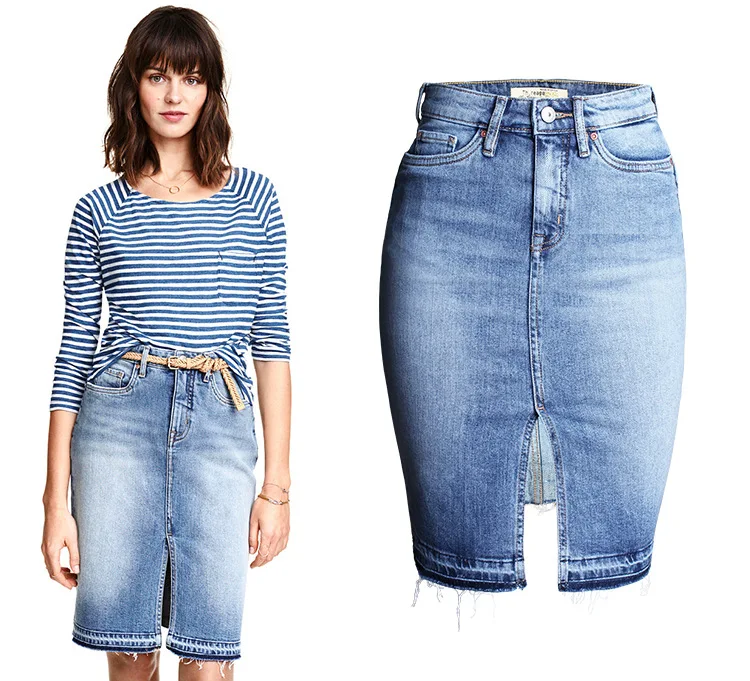 Women Jeans Knee Length High Waist Bodycon Stretch Pencil Skirts