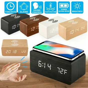

Voice Control Wooden LED Digital Desk Alarm Clock Thermometer Wireless Charger
