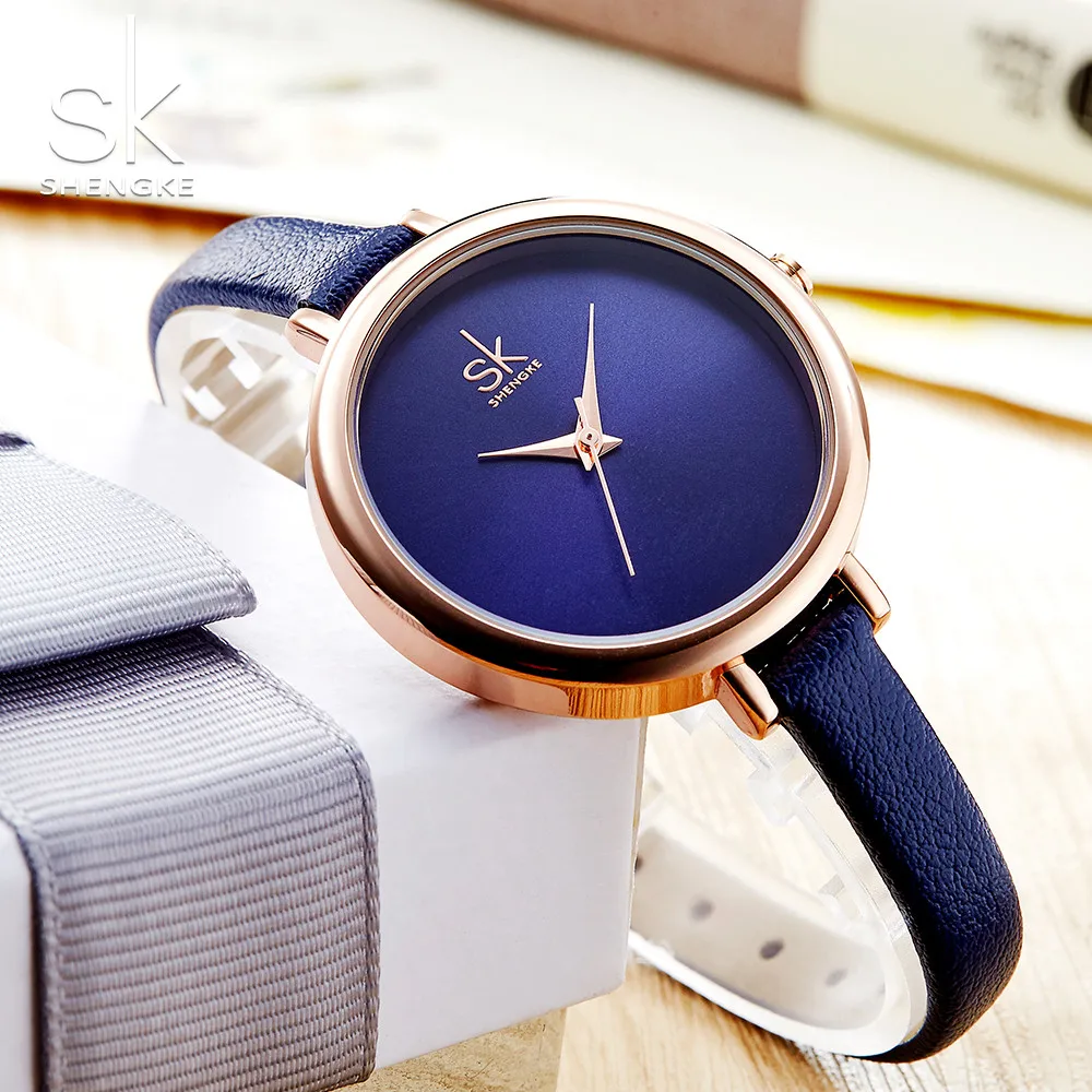 Shengke новые женские часы Королевский синий ремешок тонкий повседневный минимализм женские часы Saat золотой чехол простота relogio feminin