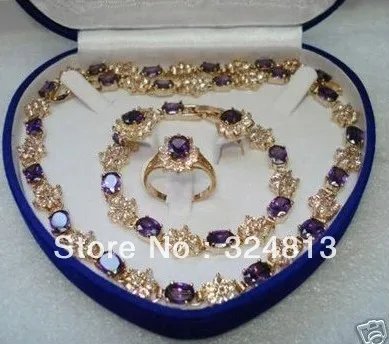 

18K GP Amethyst Earring Bracelet Necklace Ring Set +