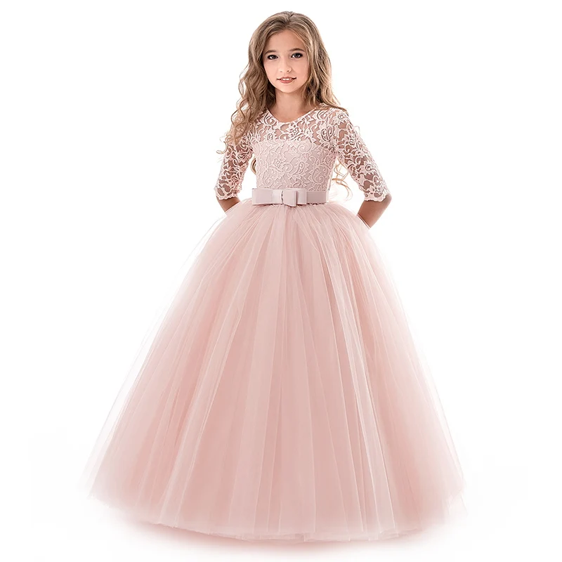 Платья с цветочным узором для девочек красное платье с кружевами на Рождество, длинное свадебное платье для первого причастия для больших девочек, детская праздничная одежда, размер 12T - Цвет: Pink 2