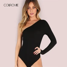 COLROVIE, черный базовый боди на одно плечо, вязанный в рубчик, элегантный женский сексуальный осенний боди, Модный облегающий боди с длинным рукавом