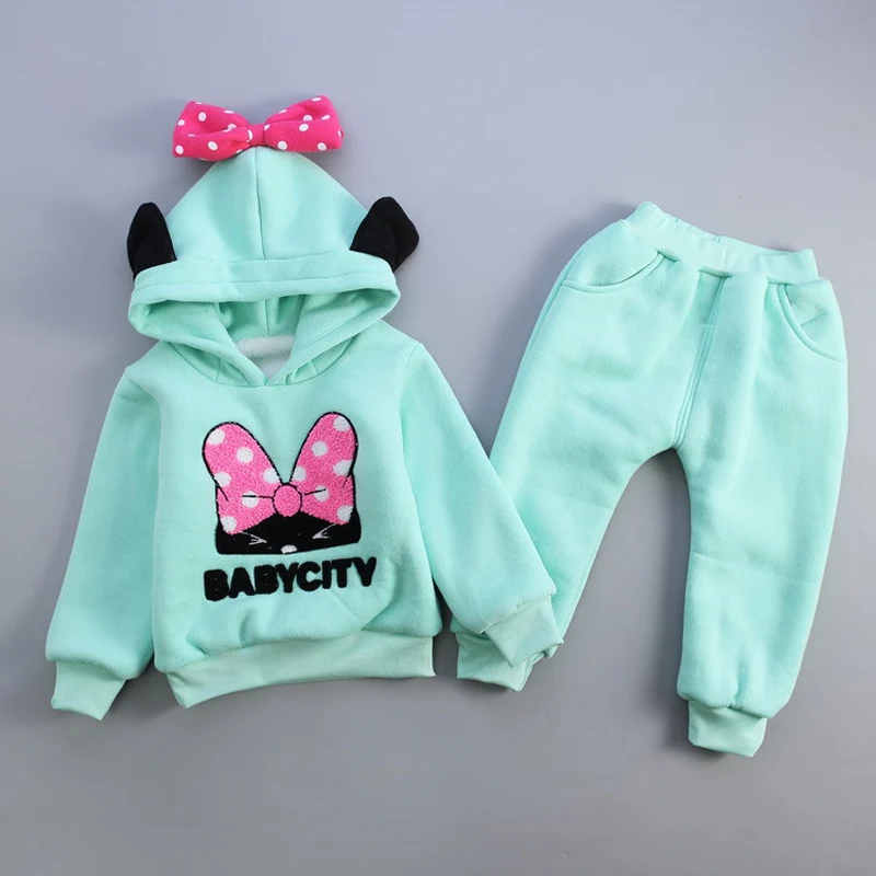 

Baby Girls Minnie Clothes Set Kids 2018 New Fashion Cartoon Minnie Plus Velvet Hodded Clothing Set Children Bow Sports Suit Set