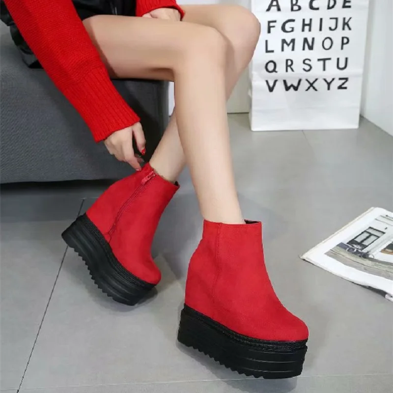 

New red wedding shoes fashion women's shoes muffin thick bottom wedge with a height increase 13cm high heel short boots