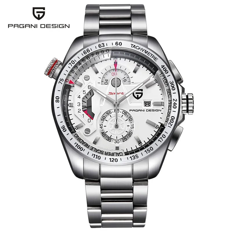 PAGANI Дизайн Хронограф Спортивные часы для мужчин модные роскошные брендовые Кварцевые полностью из нержавеющей стали для дайвинга Часы Relogio Masculino - Цвет: steel white
