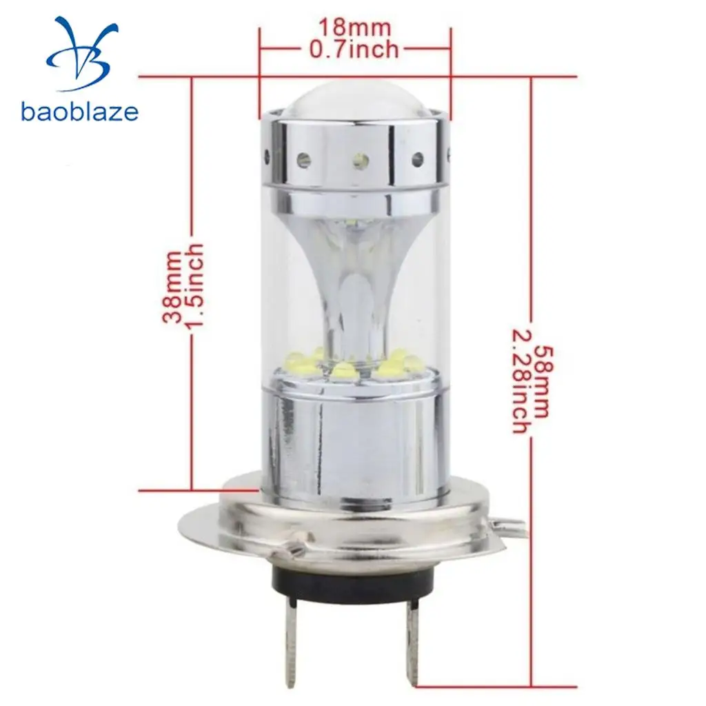  2pcs White Light H7 100W 1200LM 6000K Car Fog Lights Daytime Driving Light 