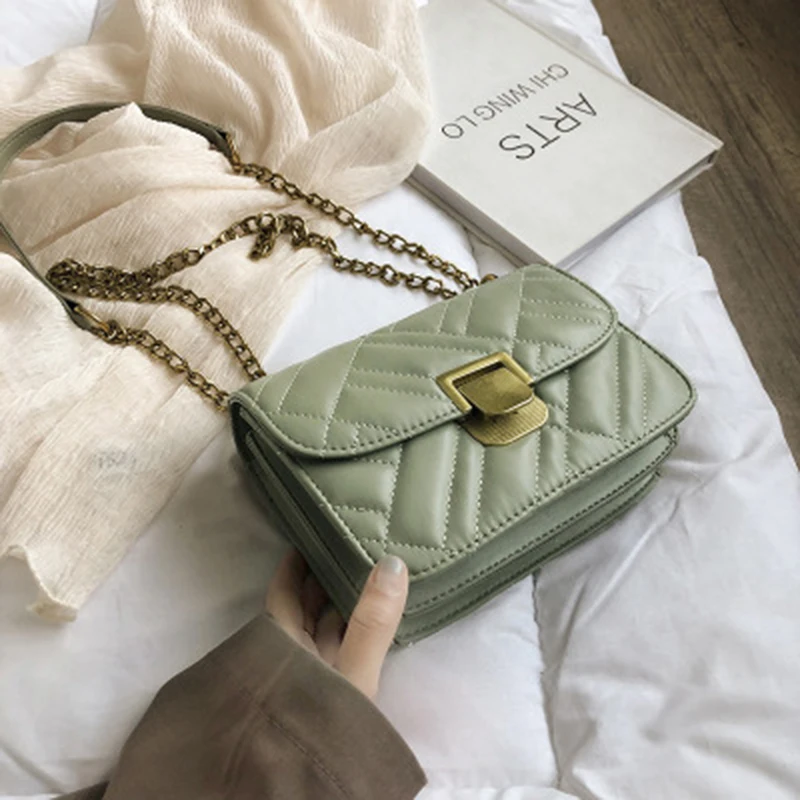 

Multifunctional 2019 explosion models solid color texture lock fashion embroidery line small square bag shoulder Messenger bag