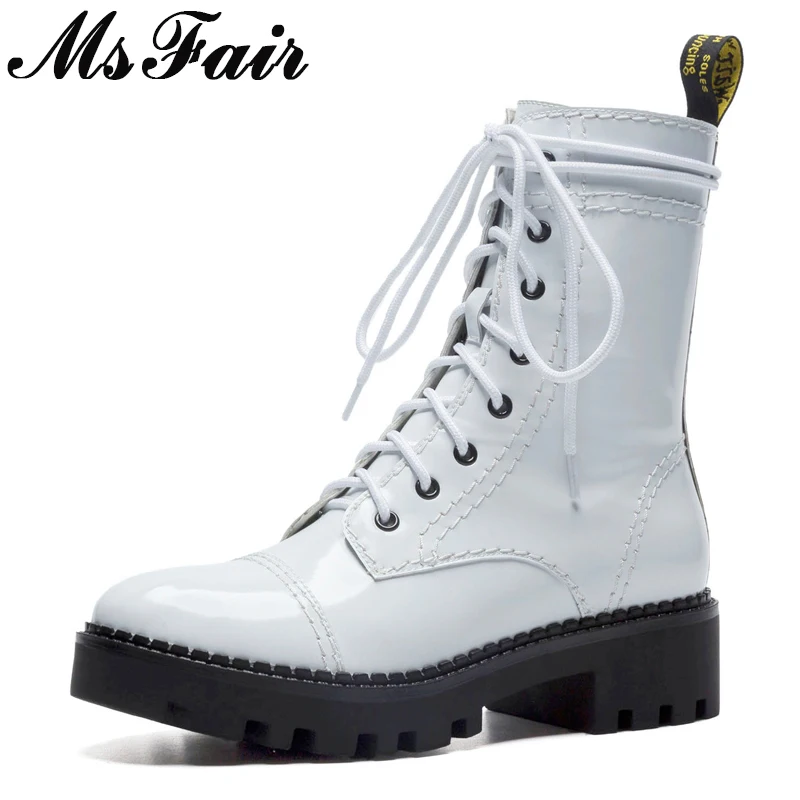 

MSFAIR Women Boots 2018 Fashion Round Toe Med Heel Ankle Boots Women Shoes Square heel Boot Shoes Black White Boots For Girl