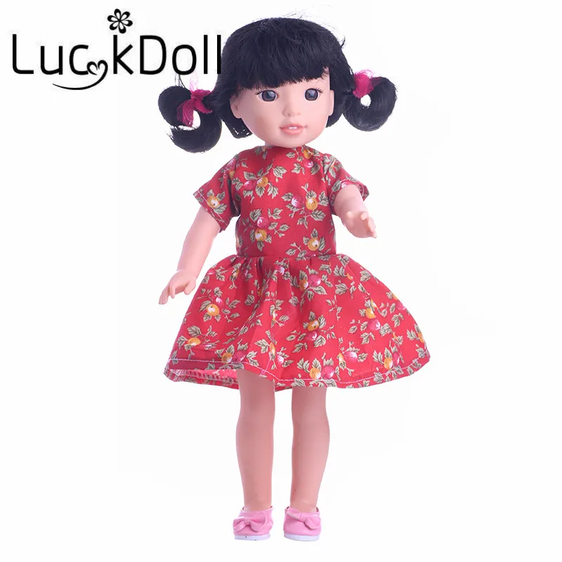 

LUCKDOLL Printed Short-Sleeved A-line Dress For Fit 14.5 Inch American Doll Wellie Wishers Accessories Doll Shoes