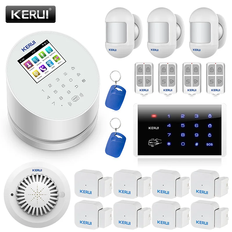 

KERUI W2 Home Security Alarm WIFI GSM PSTN Alarm System Burglar Alarm System with RFID Card Motion Smoke Detector and keyboard