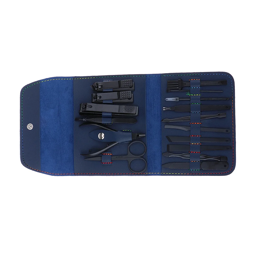 16 шт. маникюрный набор из нержавеющей стали для женщин, мужские Инструменты для удаления кутикулы и ухода за ногтями, кожаный чехол, 150x123 мм - Цвет: Blue