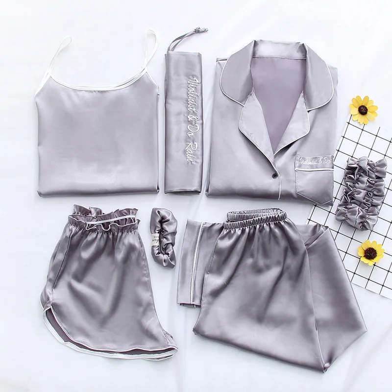 

2019 Women Sleepwear 7 Pieces Pyjama Set Autumn Spring Sexy Pajamas Sets Sleep Suits Soft Sweet Cute Nightwear Gift Home Clothes