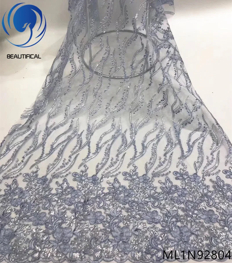 

Beautifical nigerian lace fabrics New arrival 5yards tulle lace squins embroidery fabric 5yards french net lace ML1N928