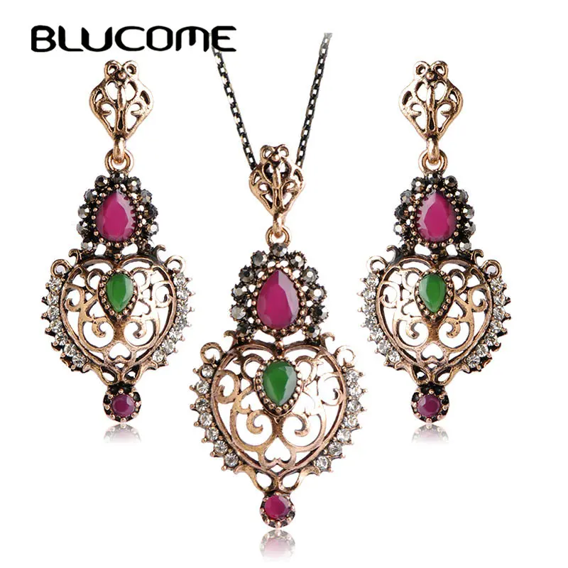 

Blucome Women Party Jewelry Sets Turkish Style Resin Long Necklace Earrings Set Red Water Drop Heart Metal Pendant Max Brincos