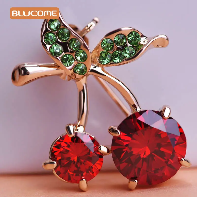 

Blucome Green Leaves Cherry Brooch Corsage Rose Gold Color Red Fruit Women Kids Brooches Hijab Scarf Pins Up Buckles feminino