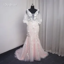 Румяна розовая Русалка свадебное платье с шарфом Цветочная кружевная Апликация глубокий v-образный вырез свадебное платье