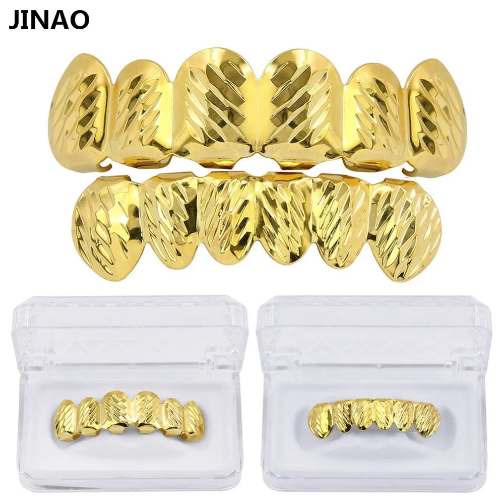 JINAO Black Vampire Fangs Grills For Your Teeth Hip Hop 14K Gold Black Plated Top Bottom Teeth Grillz Set For Men And Women (Black Grillz