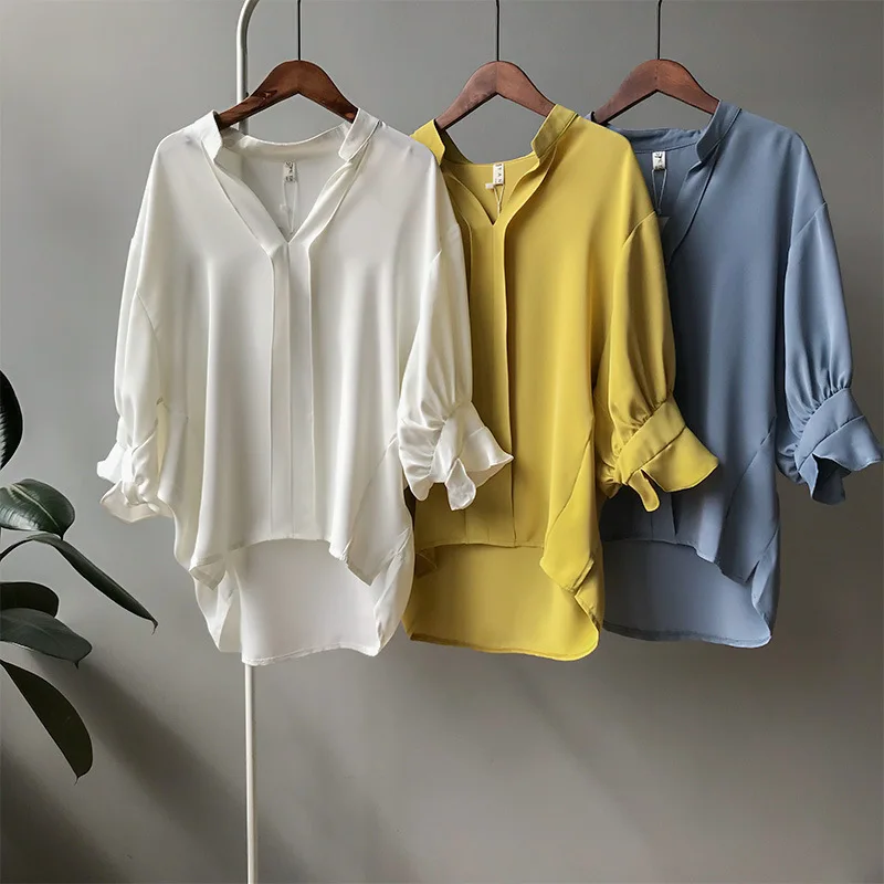

DASSWEI Summer Chiffon Shirts For Women 2019 New Fashion V-Neck Casual tops And Blouses Office Shirt Lantern Sleeve Solid Shirt