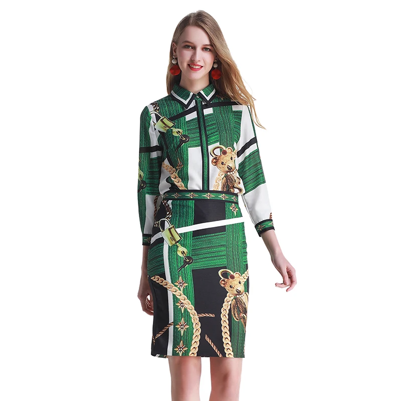 

Summer Autumn Women Sets Turn-Down Collar Long Sleeve Blouses + Skirts Set Animal Print Runway Designer Vintage Two Pieces Sets