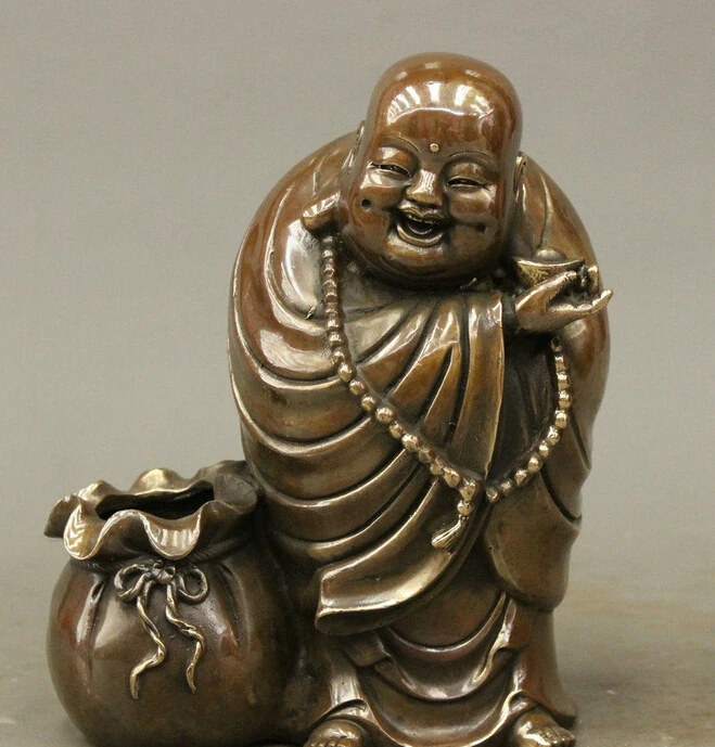 

Free Shipping Chinese Buddhism Copper Wealth Happy Laugh Maitreya Buddha Statue Pot Bowl Jar