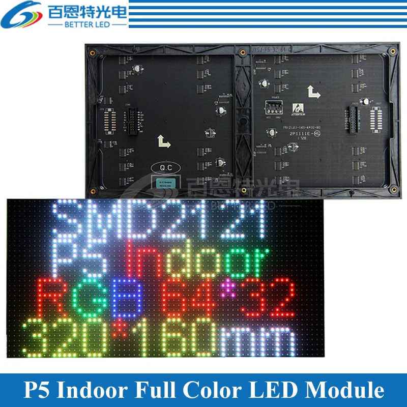 

Indoor P5 Two Modules In One 1/16 Scan SMD2121 RGB 3in1 Full color LED display unit module 320*160mm 64*32pixels