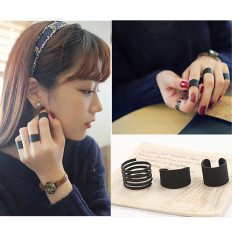 1Set/3Pcs Fashion Black Stack Simple Plain Above Knuckle Ring Band Midi Rings