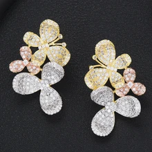 GODKI 35 мм Роскошные 3 тона бабочка цветок серьги гвоздики для женщин Свадебные кубический циркон CZ Дубай Свадебные серьги богемные Горячие