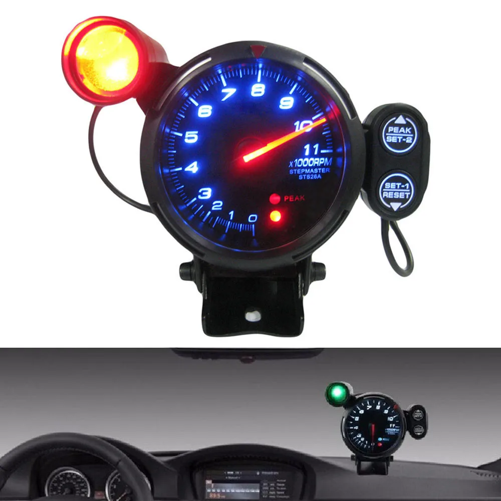 80mm Speed Tachometer Kit Blue LED 11000 RPM Adjustable Shift Light + Stepping Motor Meter