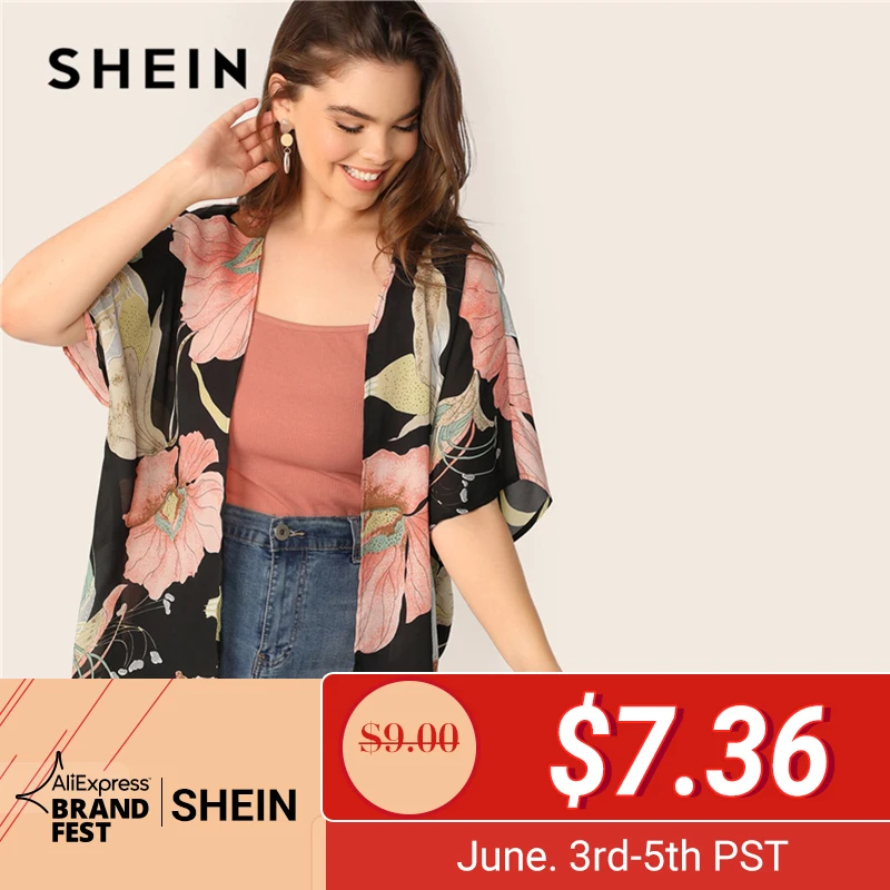 

SHEIN Plus Size Multicolor Floral Print Batwing Sleeve Boho Kimono 2019 Women Spring Summer Bohemia Half Sleeve Vacation Kimonos