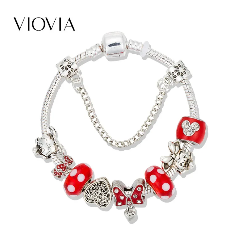 

VIOVIA 2019 Mickey Minnie Mouse Charm Bracelet For Women Girl Jewelry Glass Beads Fit Original Pendant Bracelet Bangles B19013
