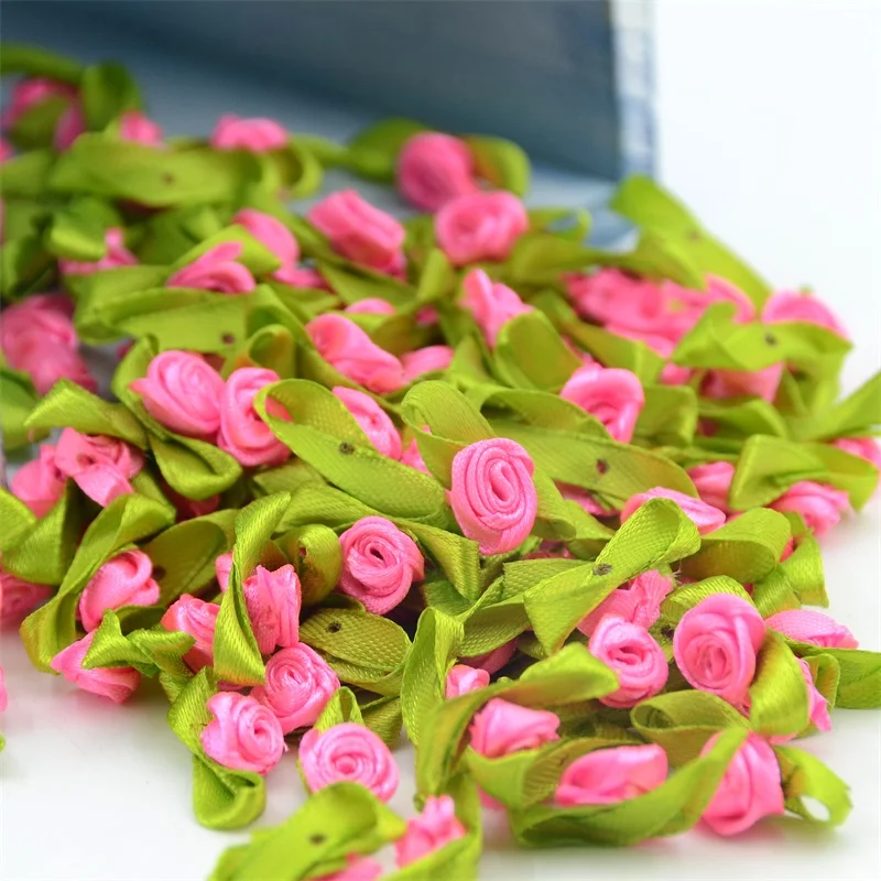 100pcs Mini Satin Ribbon Flower Silk Rose head Ribbon DIY Wedding Bow Appliques Craft Sewing Clothing Accessories  Decoration