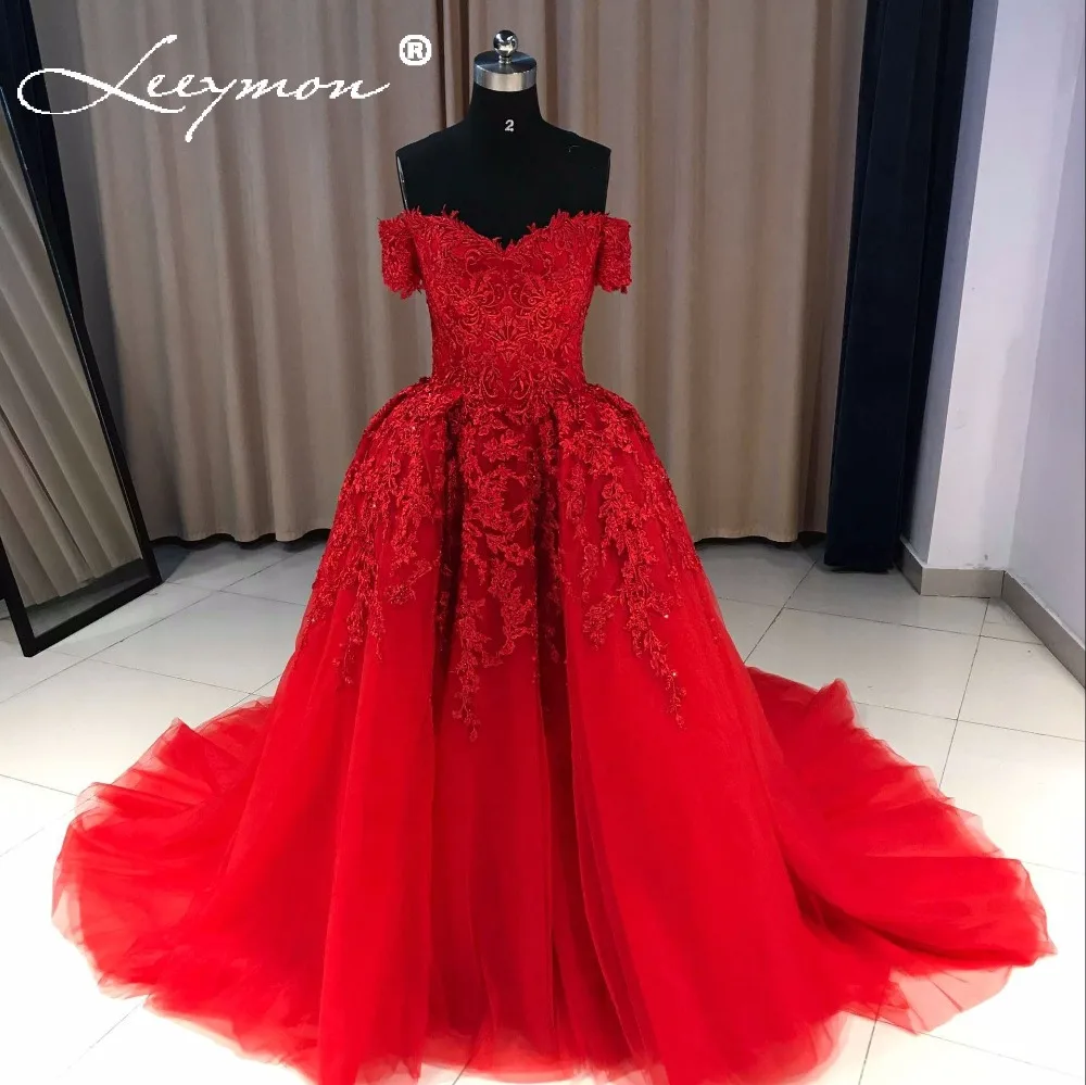

Red Evening Dress 2019 Long Sweetheart Applique Beaded Women Evening Party Dress Ball Gown Robe De Soiree Longue Formal Dress