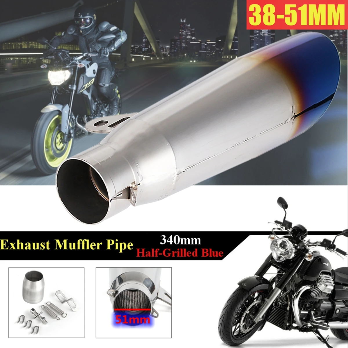 

for Honda for Kawasaki 38~51mm Half-Grilled Blue Tail Refit Stainless Steel Exhaust Muffler Pipe Kit Motorcycle ATV Universal