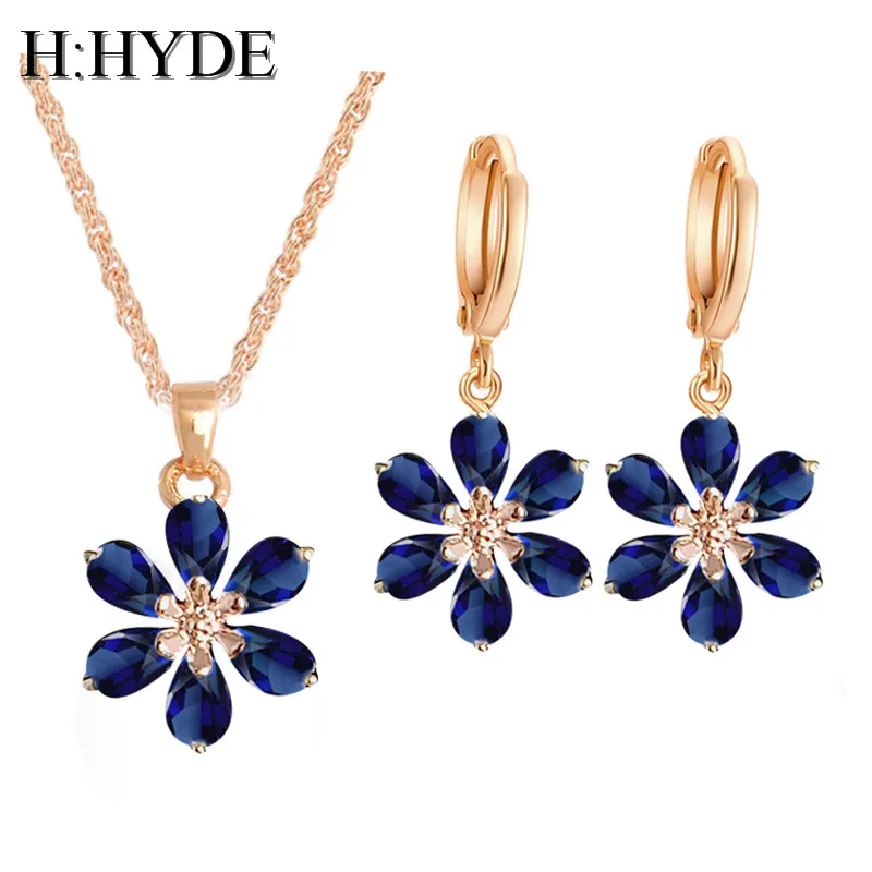 

H:HYDE Fashion design jewelry Gold Color Women's/Girl's sweet flower CZ Chain Necklace + Earrings Wedding Jewelry Sets Gifts