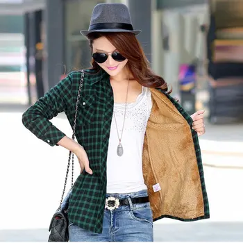 

Women Winter Thick Plaid Shirt Thickness Vintage Long Sleeve Lady Warm Shirts Casual Top 100% Cotton Blouses Style Velvet S2910