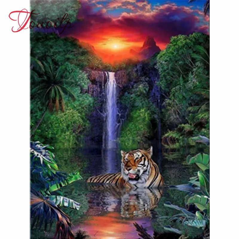 DIY Diamond Painting Waterfall round Square Rhinestone tiger Embroidery Landscape Cross Stitch Mosaic Home Decoration | Дом и сад