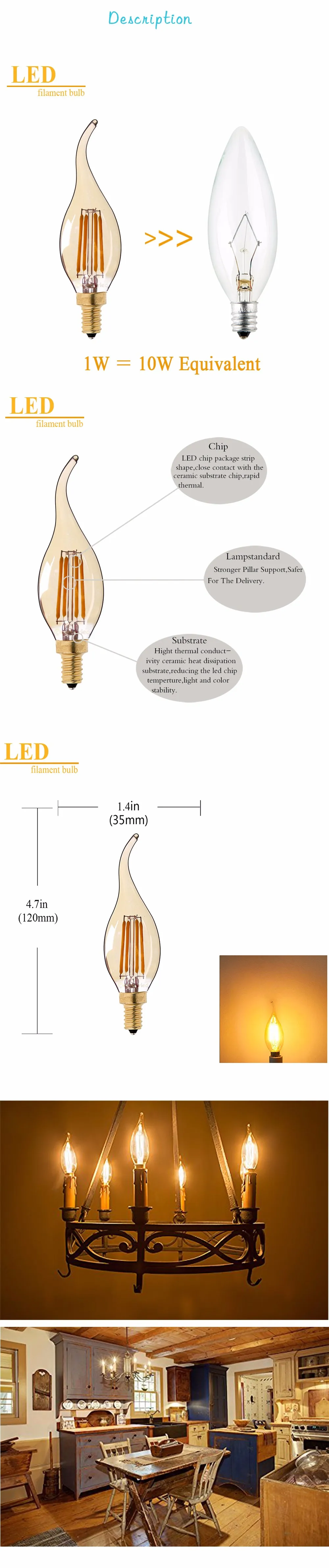 Grensk 4W Диммируемый светодиодный светильник-свеча с нитью накаливания 2200K E14 канделябр в форме пламени с изогнутым кончиком 25W эквивалент C35