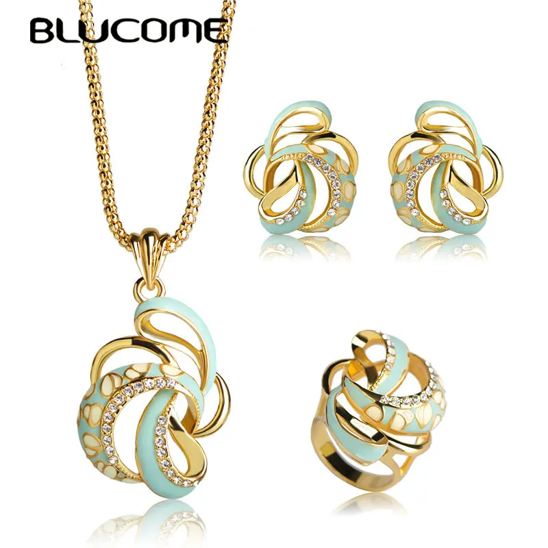 Blucome Dubai Style Flower Shape Enamel Jewelry Sets Gold Color Chain Necklace Earrings Ring Set Women Lady Party Brand Bijoux Blucome Dubai Style Flower Shape Enamel Jewelry Sets Gold Color Chain Necklace Earrings Ring Set Women Lady Party Brand Bijoux