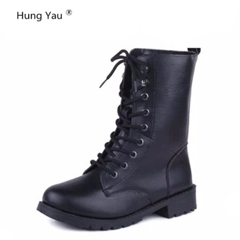 

Women Lace Up Martin Boots Round Toe PU Leather Boots Shoes 2016 New Ladies Combat Military Ankle Motorcycle Boots Plus Size 42
