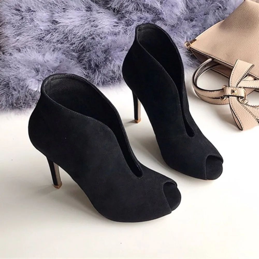 Ceny Roni Bouker kobiety z wystającym palcem botki kobieta naturalny zamsz skóra miękka buty damskie botki Lady buty na obcasie ботинки женские