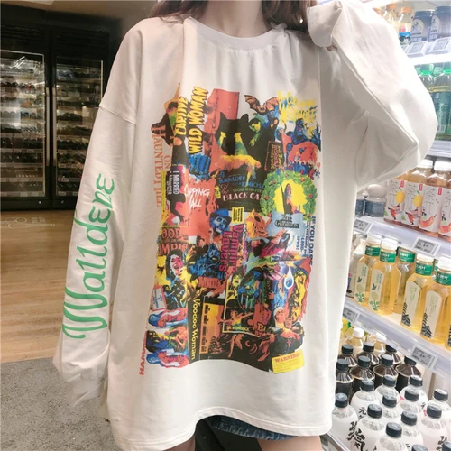 

New Summer O Neck Women T Shirt Poster Print Long Sleeve Graphic Tees Harajuku Korean Female T-shirt Couples T Shirts Matching