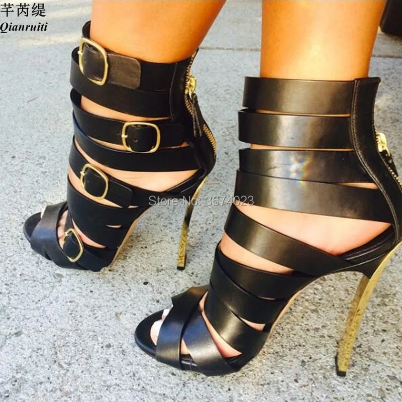 

Qianruiti Women Black Strappy Sandals Buckles Decor High Heels Metal Blade Court Heels Peep Toe Gladiator Sandalias Women Summer