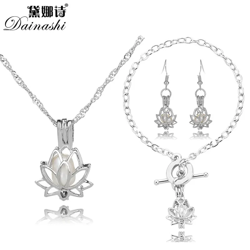 

Lowest Price Oriental Lotus Pearl Cage Locket Set(1 Cage Necklace, 1 Chain Bracelet, 1 Drop Earring)Valuable Women/Girl's Gifts