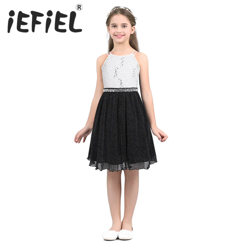 

iEFiEL 6-14 Years Kids Girls Sleeveless Sequined Floral Lace Shiny Princess Tulle Dress for Birthday Party Summer Prom Clothes