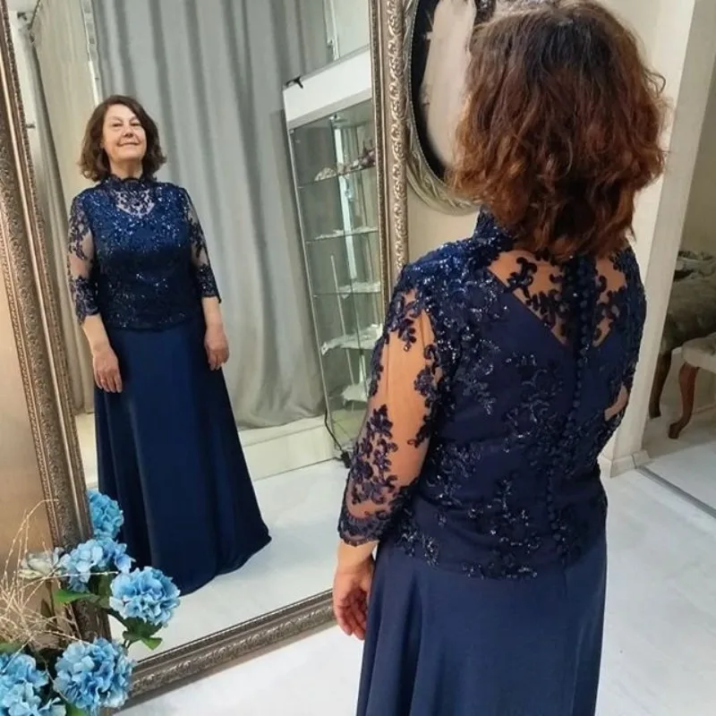 

Navy Blue Chiffon Groom vestido novia evening party gown Plus Size A-Line Wraps Formal Women 2018 Mother of the Bride Dresses