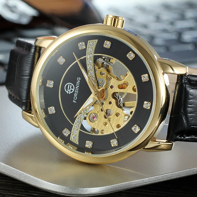

Forsining Top Brand Diamond Display Transparent Case Luxury Gold Clock Mechanical Skeleton Watch Men Fashion Leather WristWatch