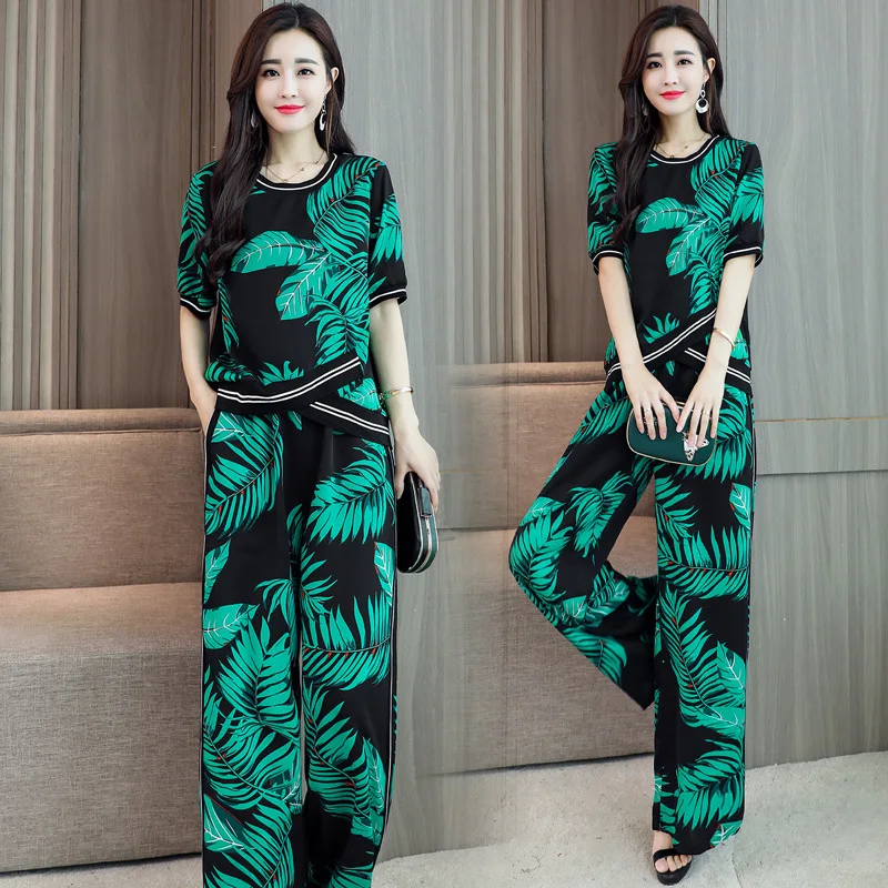 female Slim round neck short sleeve printed Tops+wide leg pants Two ...